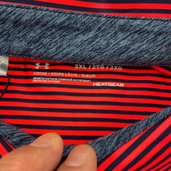 New Under ARMOUR Golf Shirt Men 2XL Neon Orange Navy Blue Stripes Heat Gear NWT - Picture 4 of 15